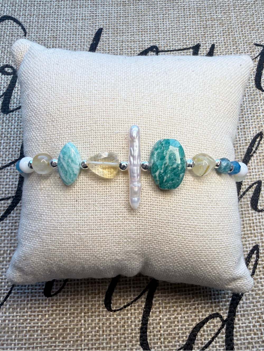 Amazonite, Citrine and Sterling Silver mix Bolo Bracelet - Blue White Yellow